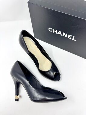 Chanel Black Leather Peep-Toe Pearl CC Logo Pumps